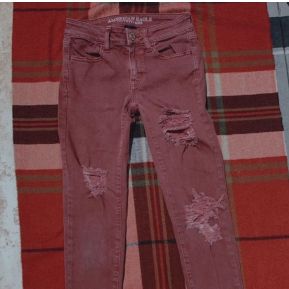 American Eagle high rise burgundy ripped jeans